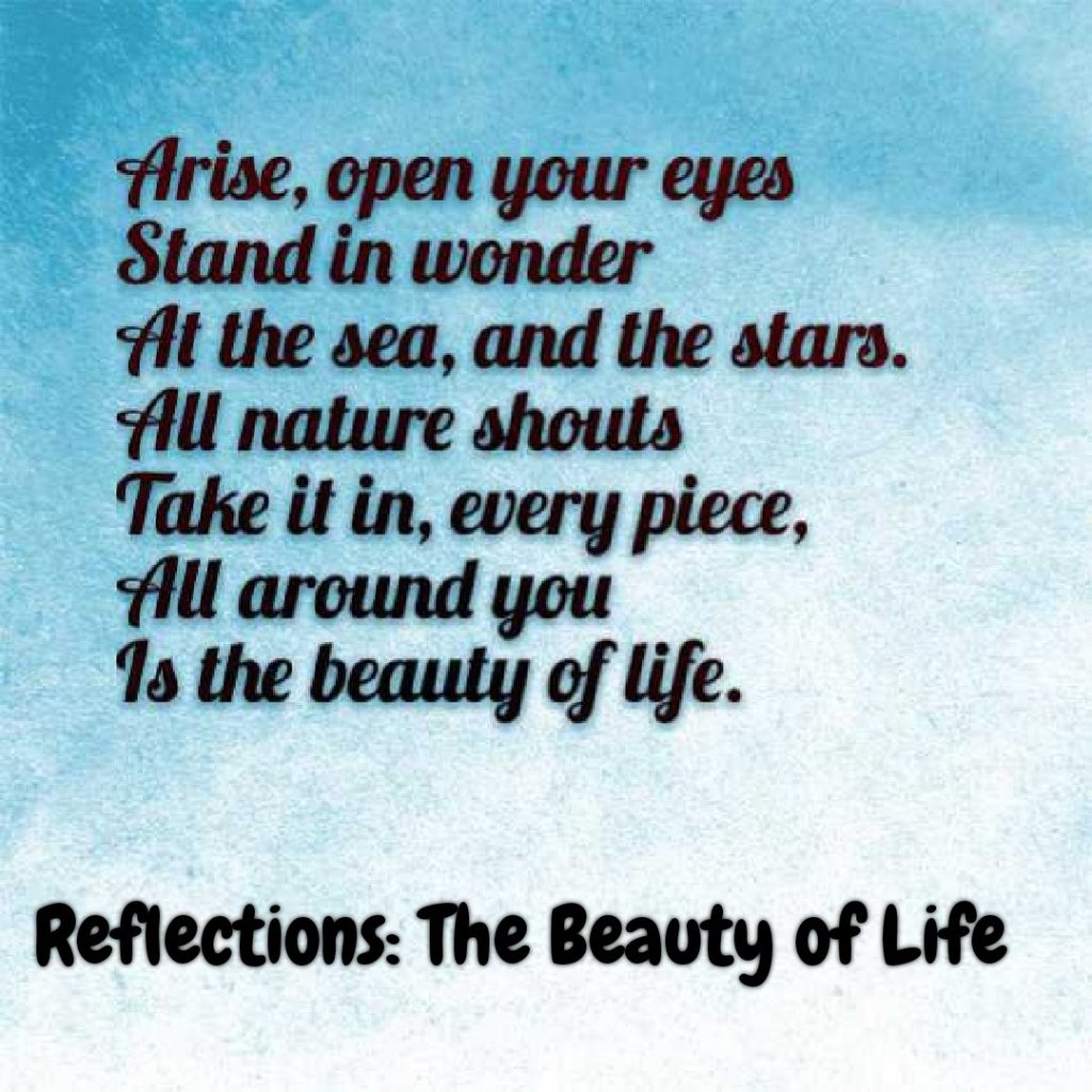 The beauty of life poem text reads 
Arise, open your eyes
Stand in wonder
At the sea, and the stars.
All nature shouts
Take it in, every piece,
All around you
Is the beauty of life.