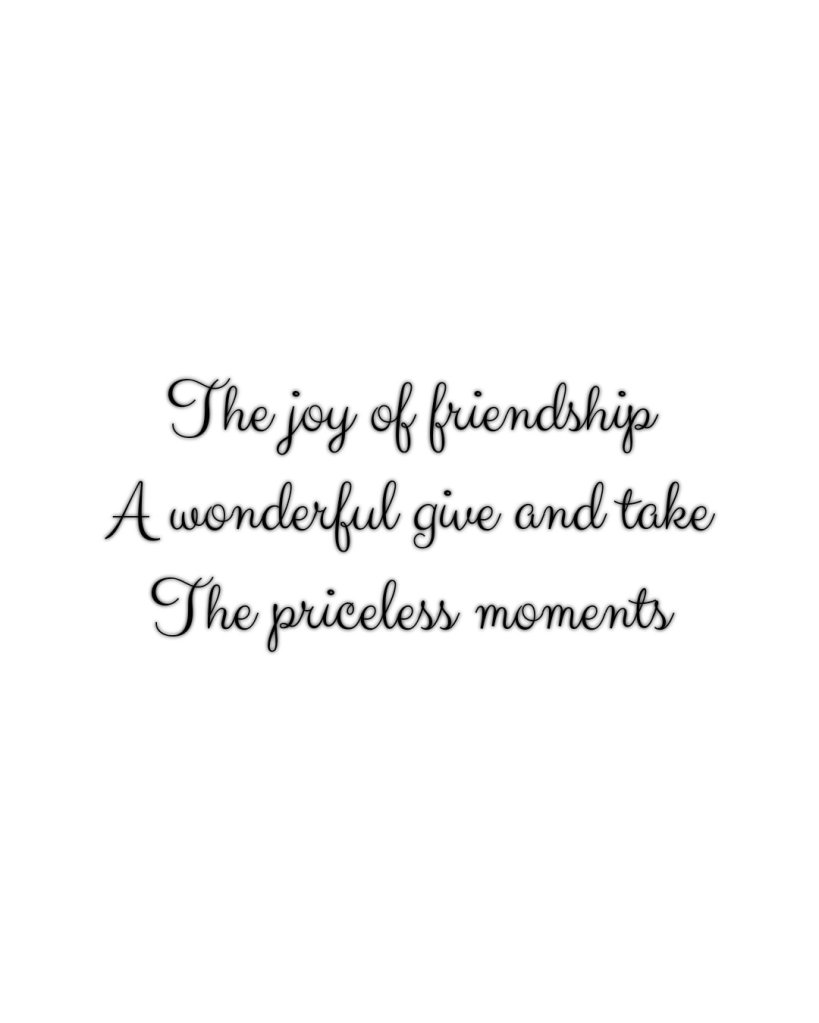 Poem text reads The joy of friendship
A wonderful give and take
The priceless moments.  Text is in script on a white background