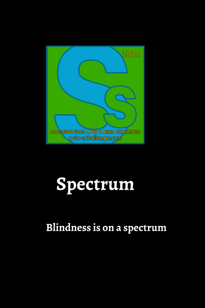The 2021 blogging from a to Z April Challenge letter s graphic is on top center. Text below reads spectrum blindness is on a spectrum