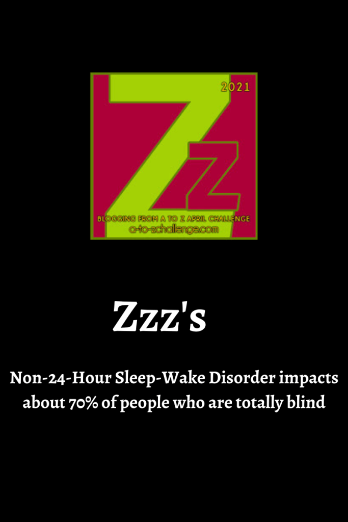 The 2021 blogging from a to Z April Challenge letter Z graphic is on top center. Text below reads Zzz's  non-24-Hour Sleep-Wake Disorder impacts about 70% of people who are totally blind
