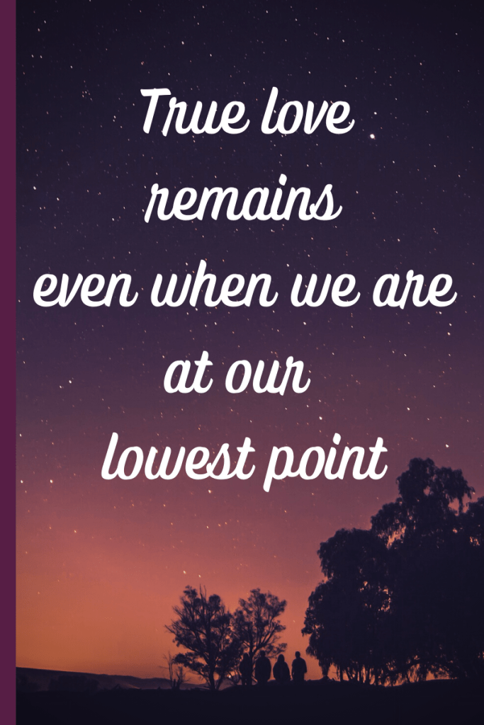 A scene of a sunset with trees. The words true love remains even when we are at our lowest point appear in white over the sunset and trees. #love #truelove #truth