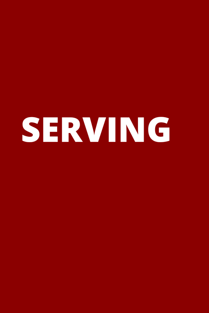 The word serving appears in white on a dark red background.