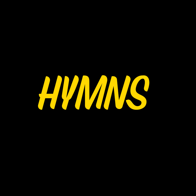 The word hymns is in gold on a black background