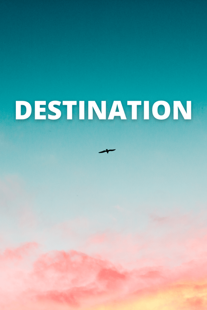 The word destination appears in white on a blue sky