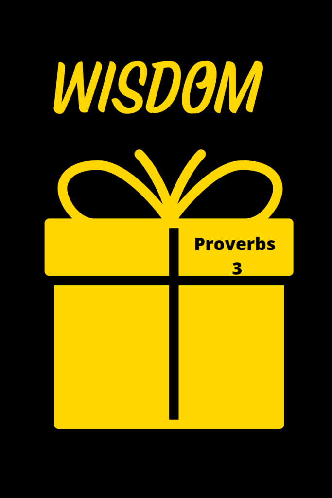 There is a gold gift box icon with the  words Proverbs 3 on it. The word wisdom appears in gold above the gift box. This is on a black background. 