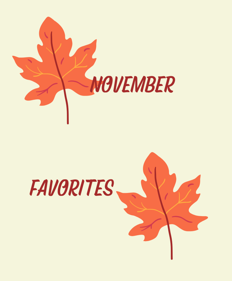 Text reads November favorites. Text is brown on a beige background. There is a brown decorative leaf on the top left and bottom right corner 