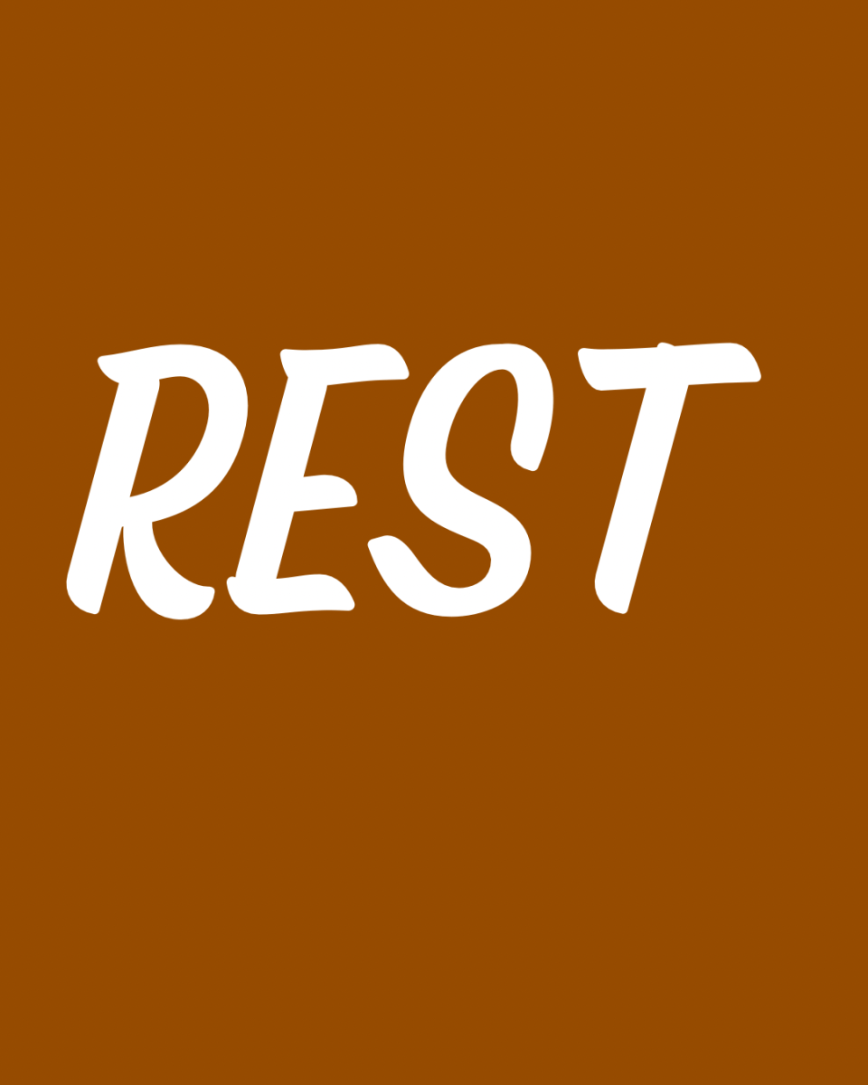 The word rest appears in white on a brown background 