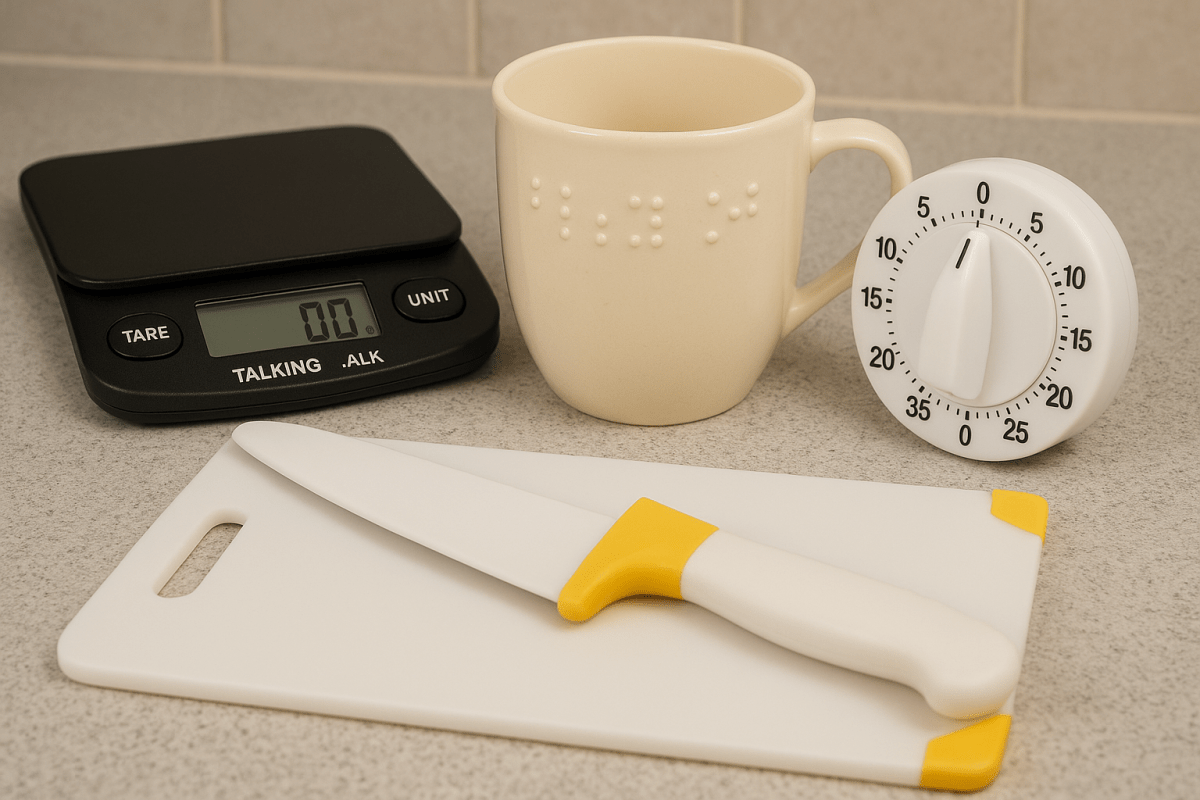  The image shows four kitchen tools designed for individuals who are visually impaired or blind, arranged neatly on a countertop:
	1.	Talking Digital Scale: A black scale labeled “TALKING” with a digital display and tactile buttons for “TARE” and “UNIT.” It allows users to hear the weight readings spoken aloud.
	2.	Mug with Braille: A cream-colored ceramic mug with raised Braille dots on the side, possibly indicating a label such as “tea” or “coffee,” helping with identification by touch.
	3.	Large Dial Timer: A white mechanical kitchen timer with bold, high-contrast black numbers and a large dial, making it easier to see and set.
	4.	Knife and Cutting Board: A white knife with a yellow safety guard, placed on a white cutting board. The knife has a non-slip, ergonomic handle, making it easier and safer to use by touch.

