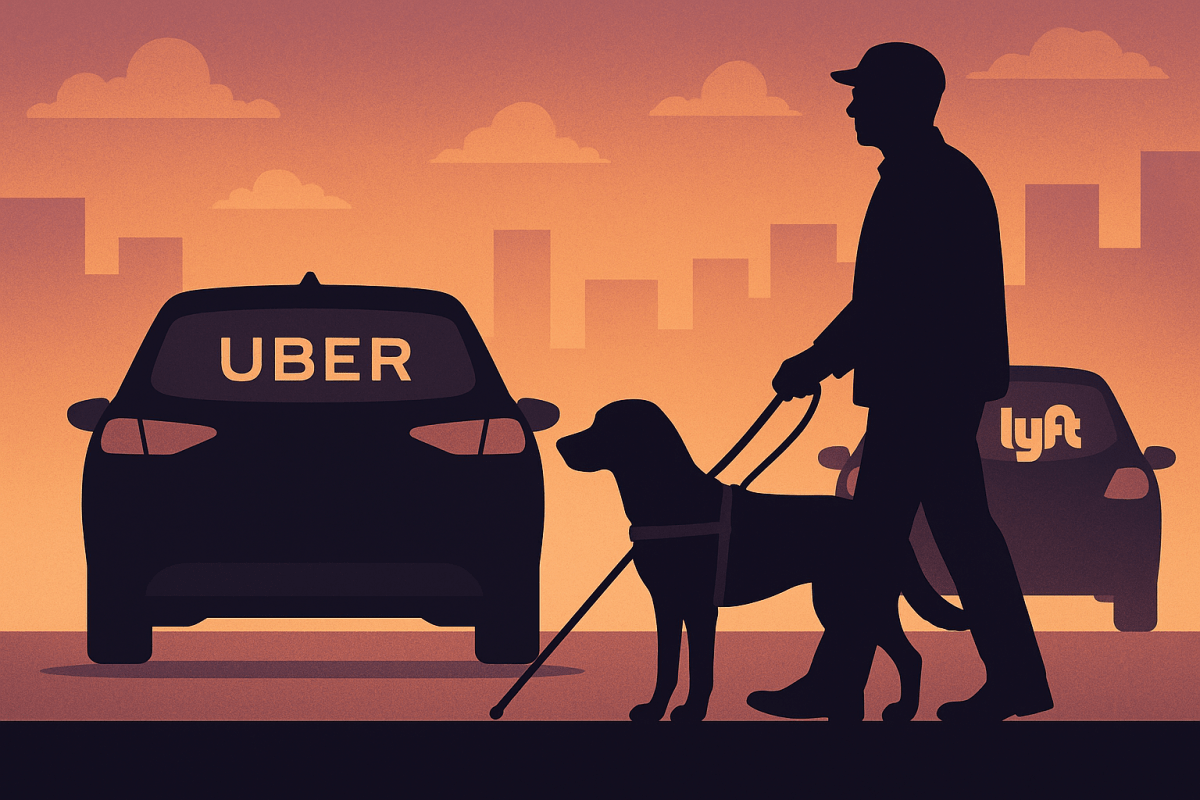 Silhouette of a person with a guide dog walking in front of two cars. The car on the left has the word "UBER" in large letters on its rear window, and the car on the right has the word "lyft" in lowercase letters on its rear window. The background features a city skyline with buildings and clouds, all in warm orange and purple tones, giving a sunset or sunrise effect. The person is holding the harness of the guide dog and a cane, indicating they are visually impaired.
