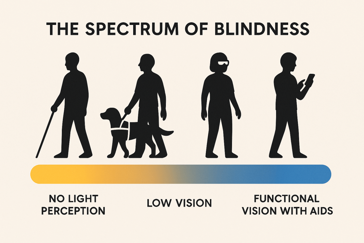 A horizontal graphic showing four black silhouettes representing different levels of blindness. From left to right: the first figure uses a white cane, labeled "No Light Perception"; the second figure walks with a guide dog, labeled "Low Vision"; the third figure wears dark glasses, also labeled "Low Vision"; the fourth figure holds a phone or device, labeled "Functional Vision With Aids." Above the figures, large text reads "The Spectrum of Blindness." Below the figures, a color gradient bar transitions from yellow (left) to blue (right), visually connecting the different categories.