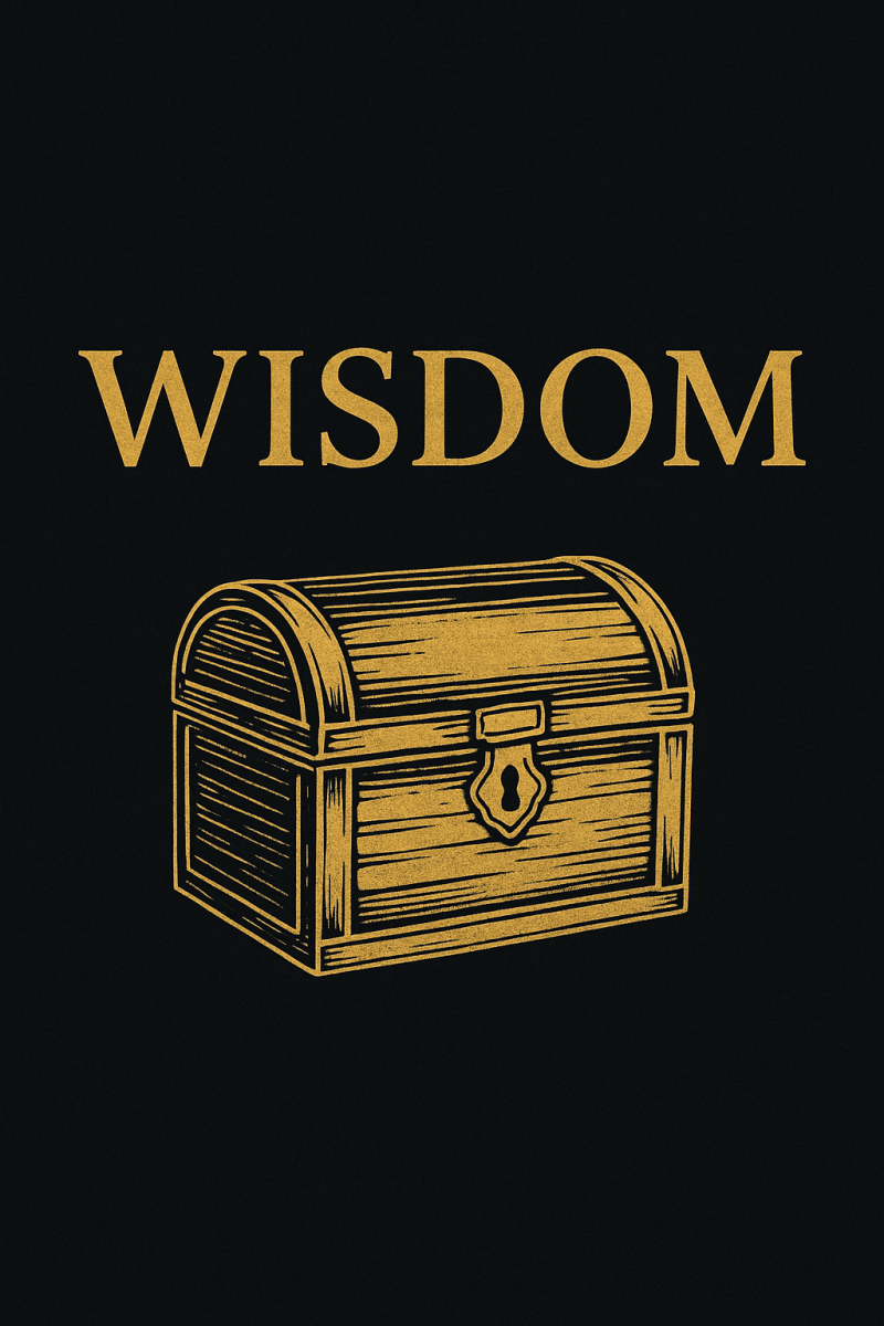 Golden treasure chest illustration with the word "WISDOM" above it in large, bold, uppercase golden letters. The image uses a black background, and both the chest and text have a hand-drawn, woodcut style. The chest is closed and features a keyhole, symbolizing the treasure of wisdom.