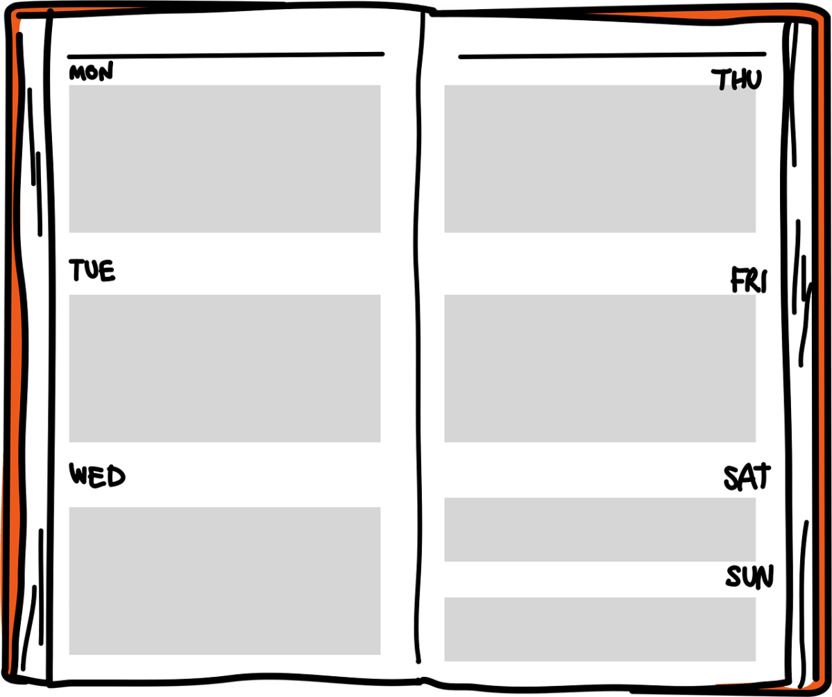 Weekly planner layout with two open pages. The left page is divided into three sections labeled MON, TUE, and WED, each with a large rectangle beneath for notes. The right page is divided into four sections for THU, FRI, SAT, and SUN, each also with a large rectangle beneath for writing. The days of the week are written in bold, handwritten-style letters. The inside edges of the book have an orange highlight, and the planner is depicted in a hand-drawn, cartoon style. There is no other writing or content on the pages.